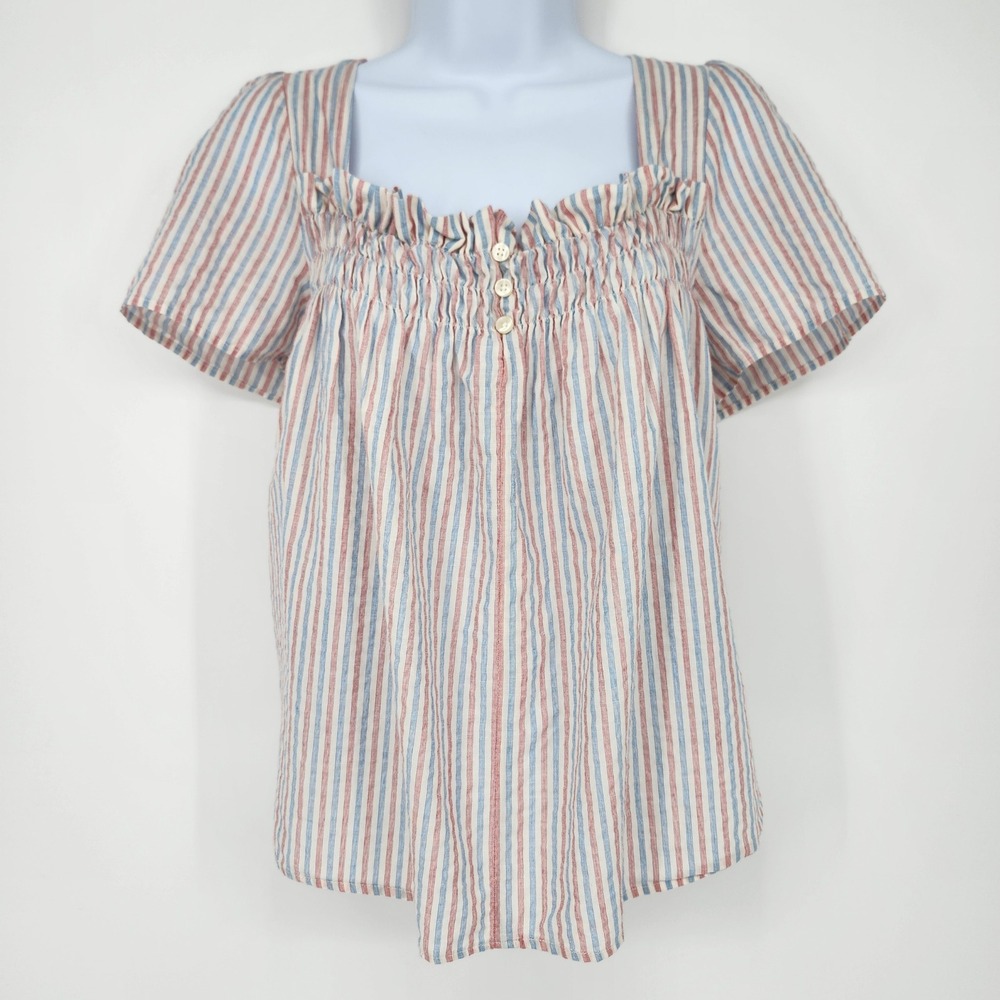 Isabella Sinclair‎ Anthropologie Preppy Picnic Americana Top S Red Blue Smocked